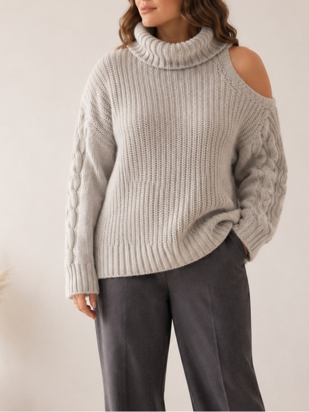 Jonathan Simkhai Aubrey Wool Blend Off Shoulder Gray Knit Turtleneck Sweater